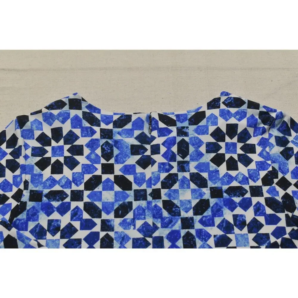 Michael Kors Womens Size S Blue Geometric Mosaic Tile Print Long Sleeve Dress